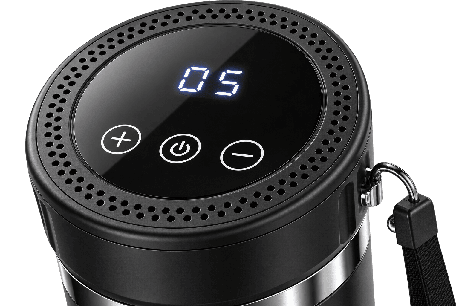 Close-up of the temperature display and plus, power and minus controls