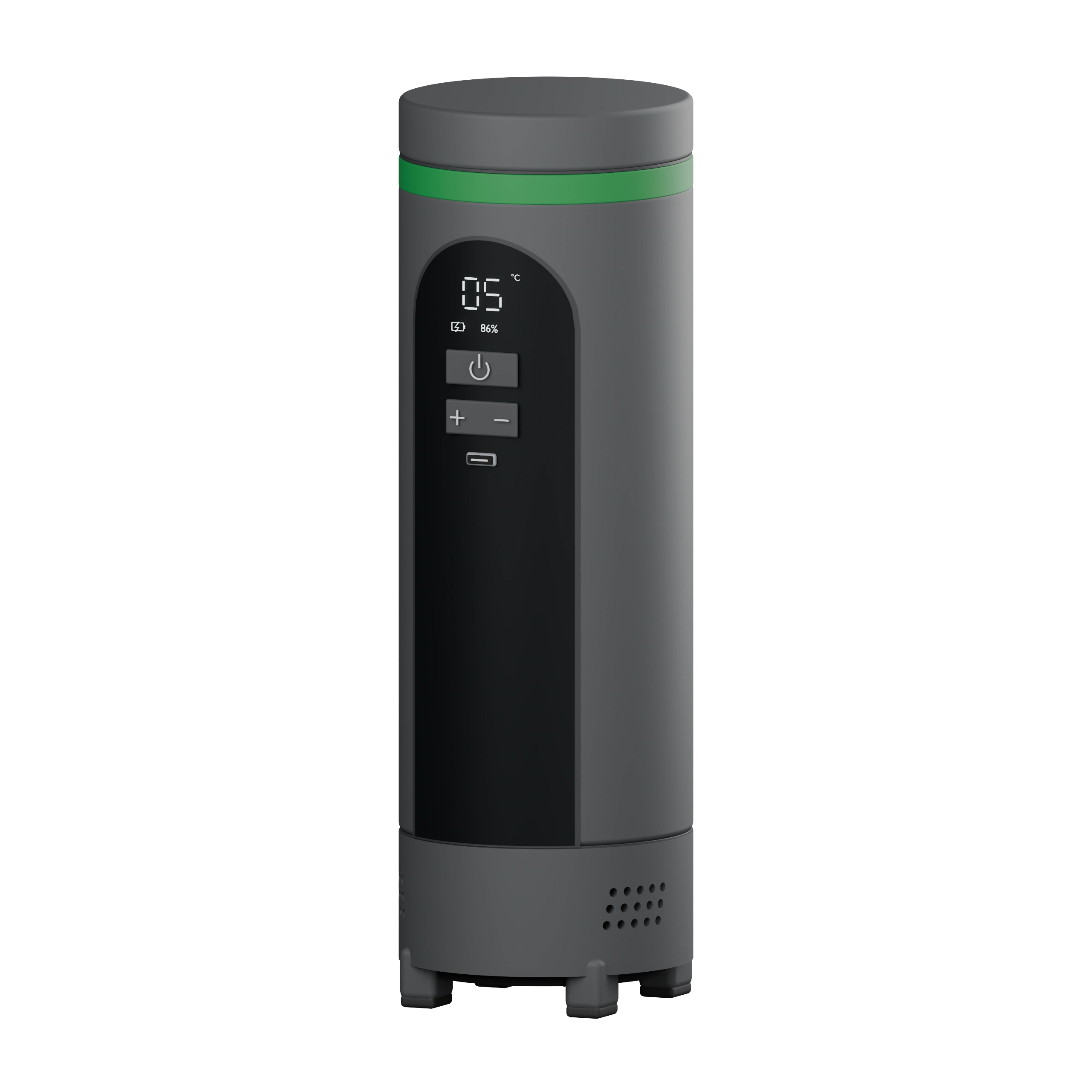 Three-quarter view of the slim VialFlask Pro with front controls, green ring and vented base