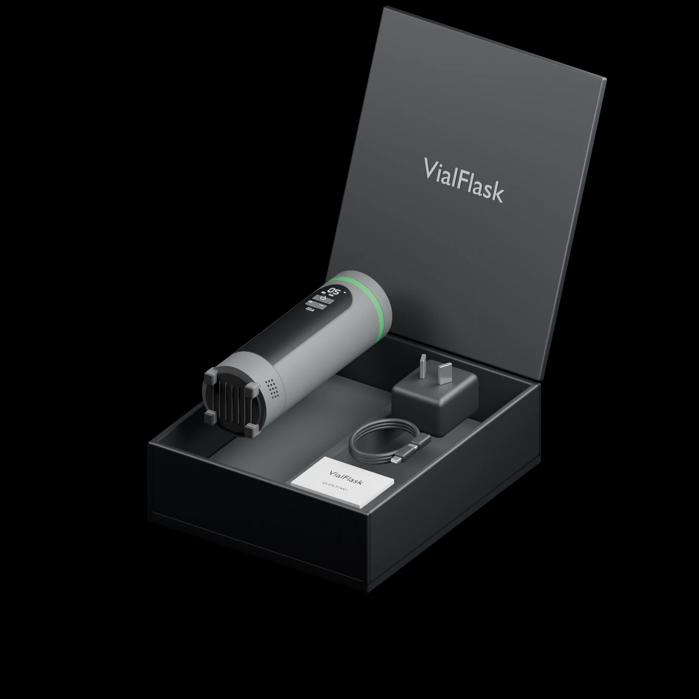 An open black VialFlask box with the VialFlask Pro cooler, mains adaptor, coiled USB-C cable and quick-start guide lifted from their compartments.