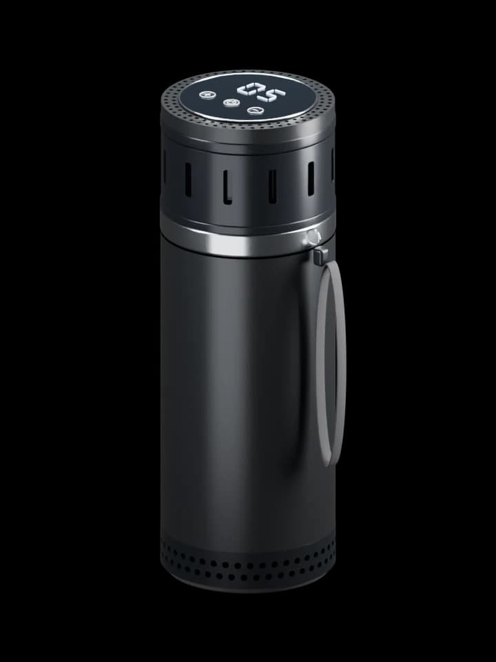 3D render of VialFlask Pro in black with a polished silver band and illuminated temperature display