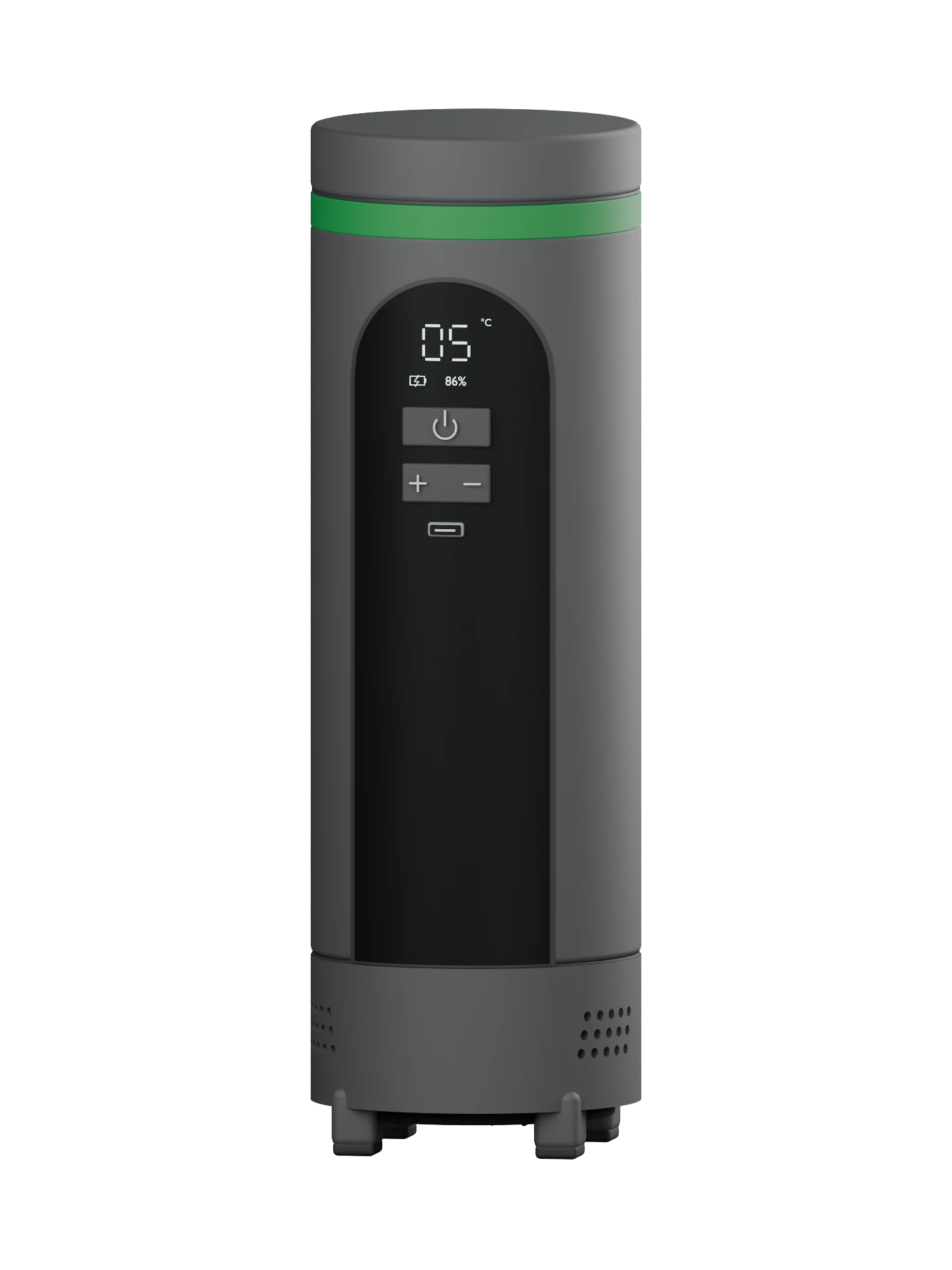 3D render of the slim graphite VialFlask Pro with a green ring and illuminated front display